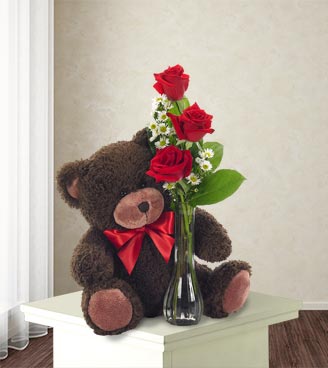 Classic Bud Vase Roses with Teddy Bear