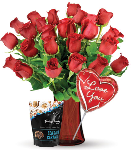 24 red roses with love balloon & caramel popcorn flower delivery