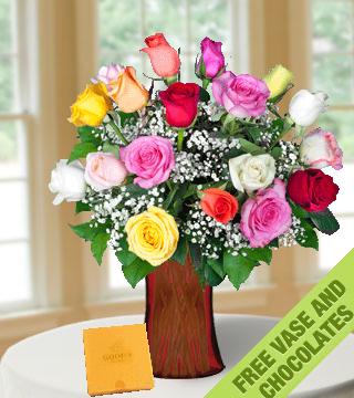 18 Multi-Color Roses FREE Vase & Chocolate Box