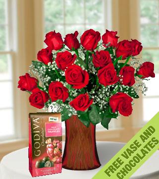 18 Red Roses FREE Vase & Chocolate Bag