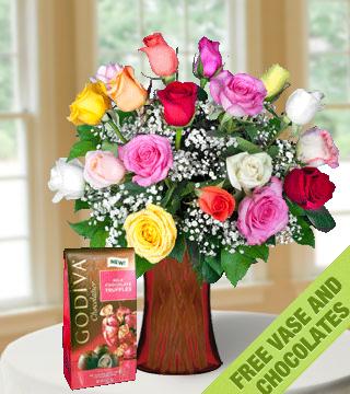 18 Multi-Color Roses FREE Vase & Chocolate Bag