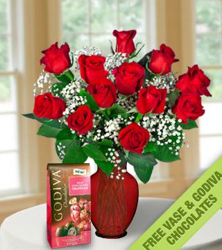 18 Red Roses FREE Vase & Chocolate Bag