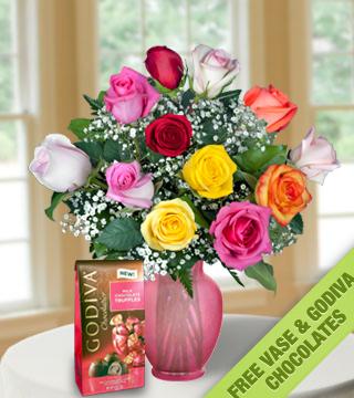 12 Multi-Color Roses FREE Vase & Chocolate Bag