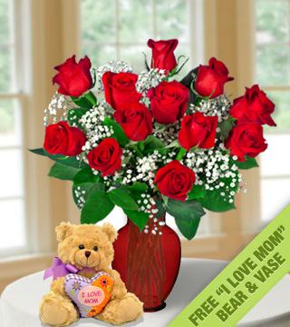24 Red Roses FREE Vase & "I Love Mom" Bear