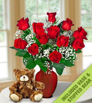 24 Red Roses INCLUDED Vase & Brown Bear