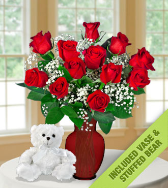 12 Red Roses INCLUDED Vase & White Bear