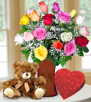 18 Multi Color Roses with Heart Shaped Chocolate & Brown Bear