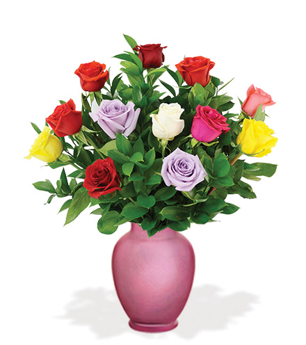 12 Multi-Colored Roses with Pink Vase