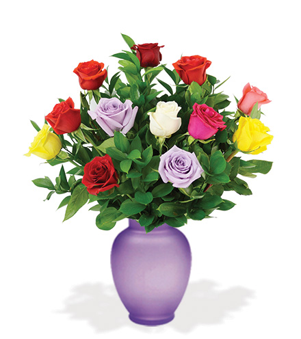 12 Multi-Colored Roses with Purple Vase