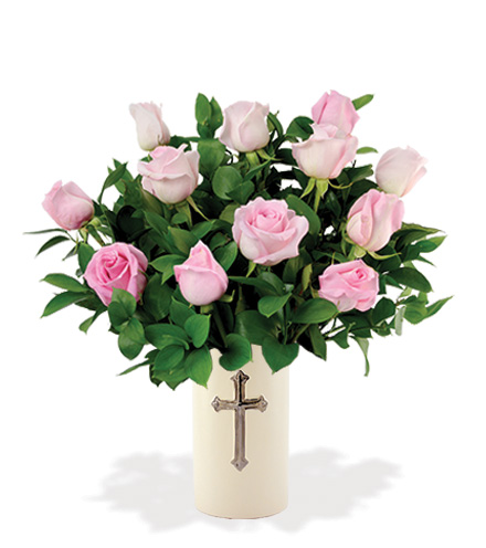 Sympathy Cross Vase - 12 Pink Roses
