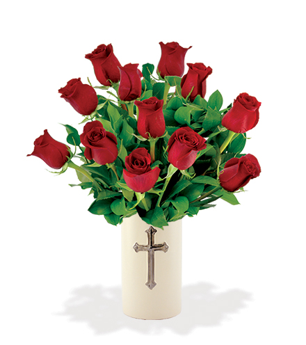 Sympathy Cross Vase - 12 Red Roses