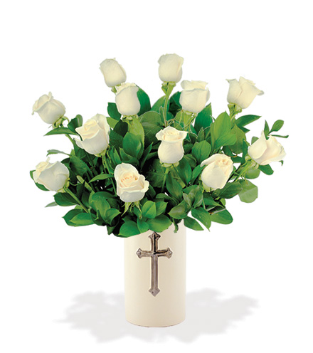 Sympathy Cross Vase - 12 White Roses