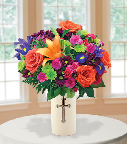 Sympathy Cross Vase - Orange, Purple and Green