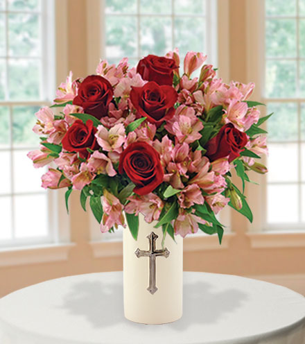 Sympathy Cross Vase - Red Roses and Pink Lilies