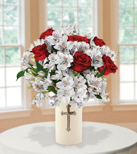 Sympathy Cross Vase - Red Roses and White Lilies