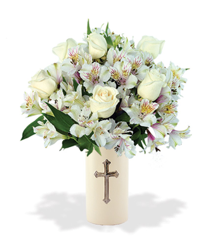 Sympathy Cross Vase - White Roses and White Lilies