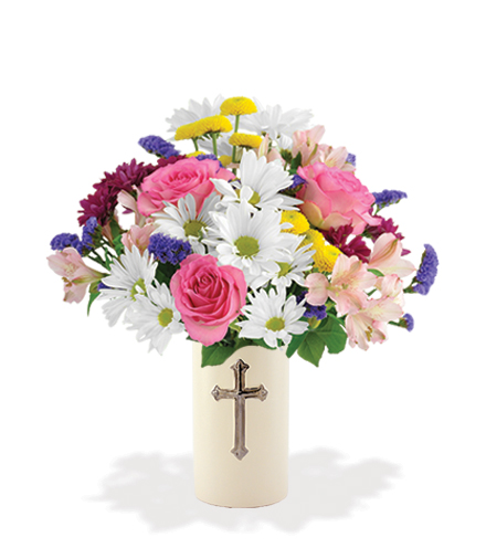 Sympathy Cross Vase - White, Pink & Purple