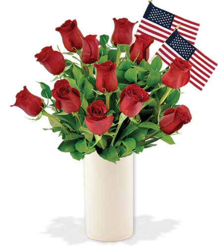 12 Red Roses with USA Flags