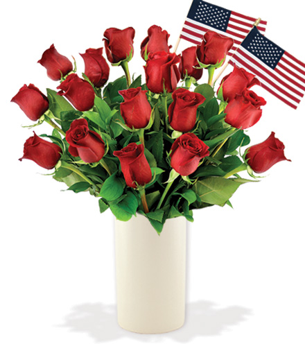 12 Red Roses with USA Flags