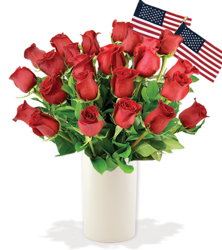 12 Red Roses with USA Flags