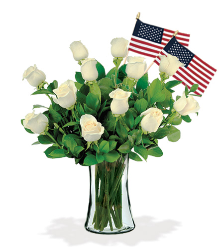 12 White Roses with USA Flags