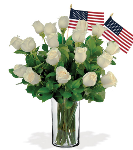 12 White Roses with USA Flags