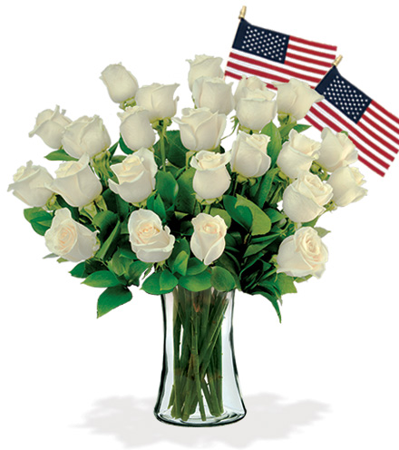 12 White Roses with USA Flags