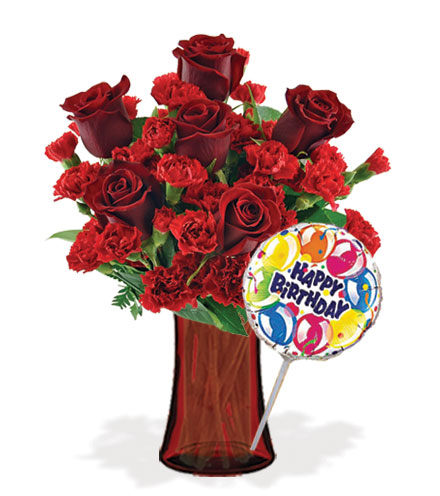 Image of Stunning Red with Vase & Birthday Balloon Flower Delivery