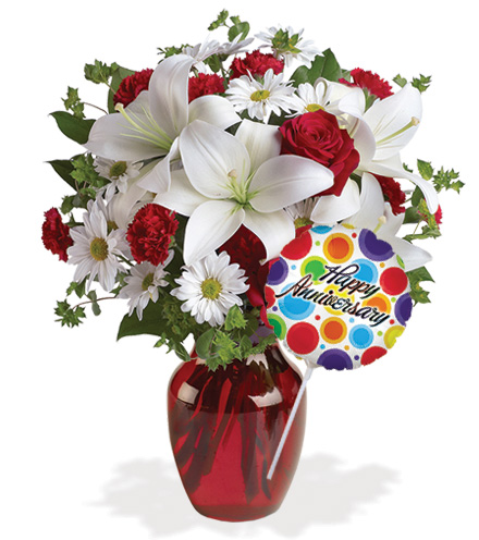 Image of Be My Love Red Roses with Vase & Anniversary Balloon Flower Delivery