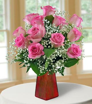 12 Pink Roses FREE Vase