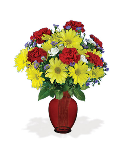 Image of Cheerful Greetings with Red Vase Flower Delivery