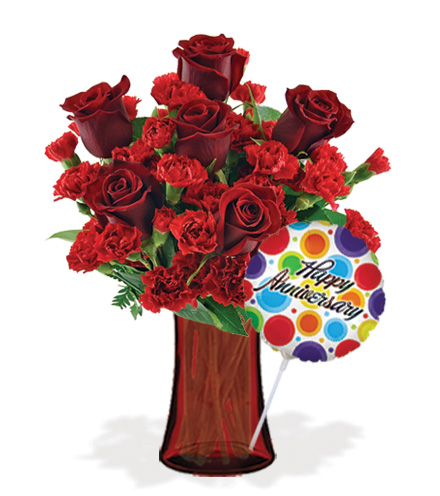 Stunning Red with Vase & Anniversary Balloon Flower Delivery