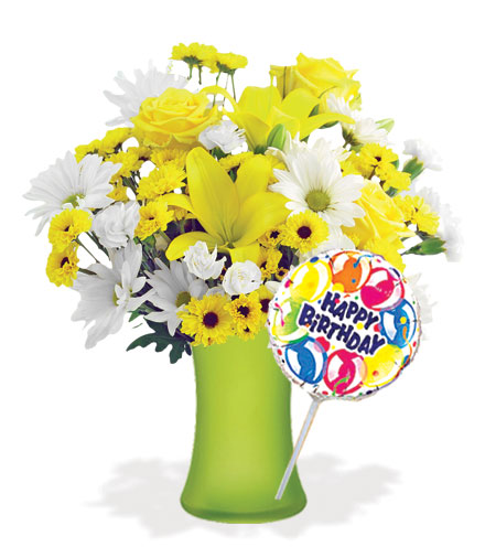 Image of Delightful Sunshine with Vase & Birthday Balloon Flower Delivery