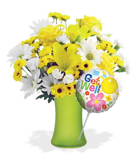 Image of Delightful Sunshine with Vase & Get Well Balloon Flower Delivery