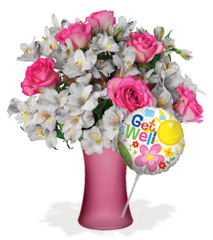 Image of Shimmering Blush with Vase & Get Well Balloon Flower Delivery