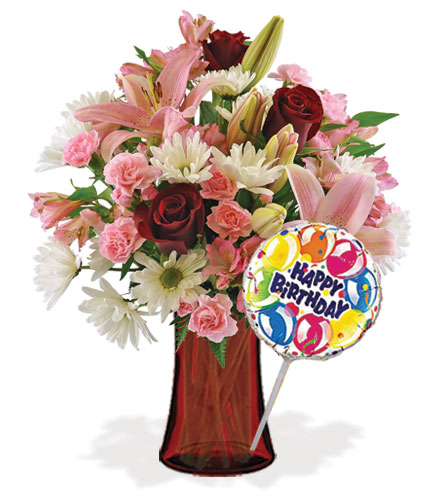 Image of Sweet Sentiments with Vase & Birthday Balloon Flower Delivery