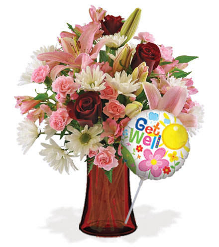 Image of Sweet Sentiments with Vase & Get Well Balloon Flower Delivery