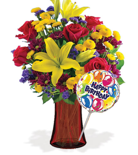 Image of Radiant Charms with Vase & Birthday Balloon Flower Delivery