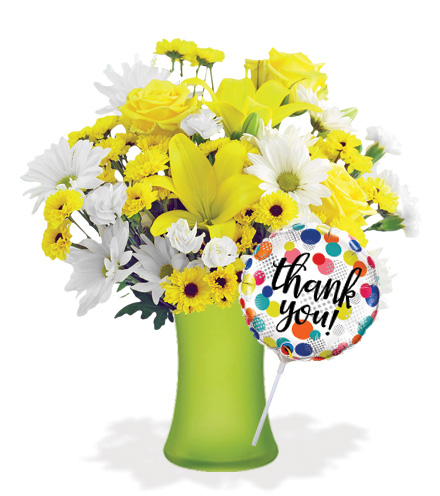 Image of Delightful Sunshine with Vase & Thank You Balloon Flower Delivery