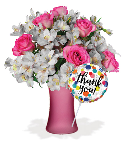 Image of Shimmering Blush with Vase & Thank You Balloon Flower Delivery