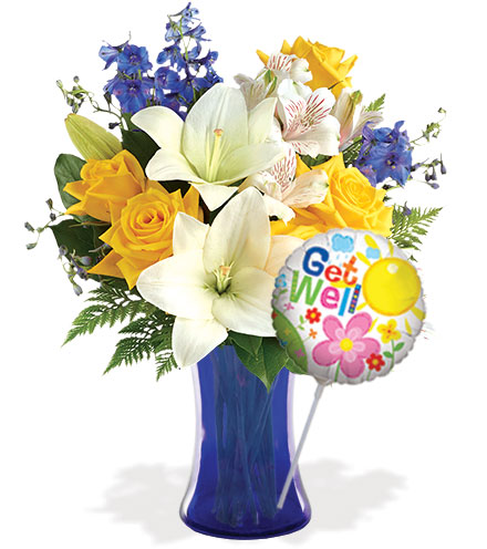 Image of Oceanside Garden with Vase & Get Well Balloon Flower Delivery