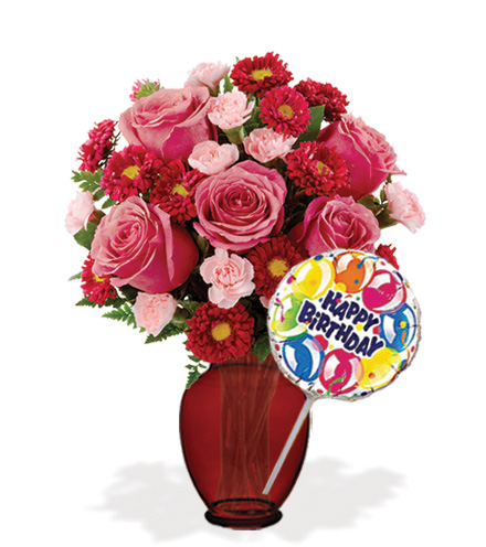 Image of Blooming Heart with Vase & Birthday Balloon Flower Delivery