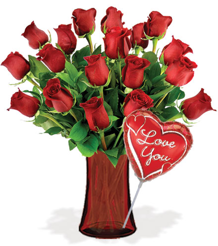 18 Red Roses with Vase & Love Balloon Flower Delivery