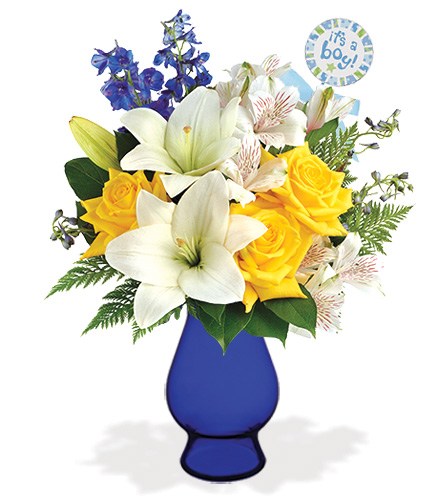 Image of Oceanside Garden with Blue Vase & Baby Pick Flower Delivery