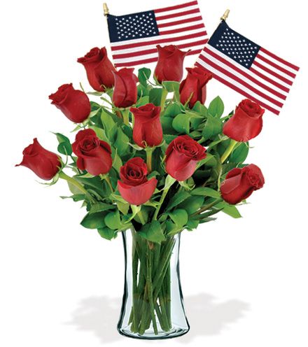 Image of 12 Red Roses & USA Flags Flower Delivery