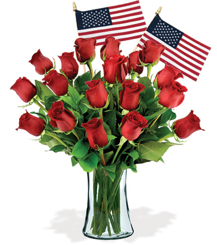 Image of 18 Red Roses & USA Flags Flower Delivery