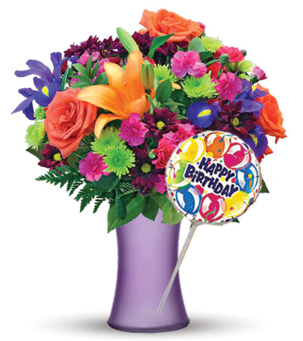 Image of Vibrant Garden with Purple Vase & Birthday Balloon Flower Delivery