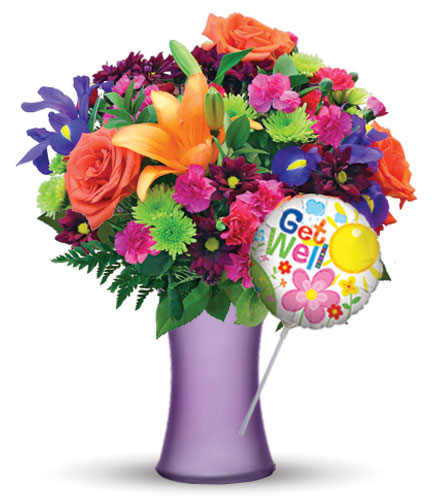 Image of Vibrant Garden with Purple Vase & Get Well Balloon Flower Delivery