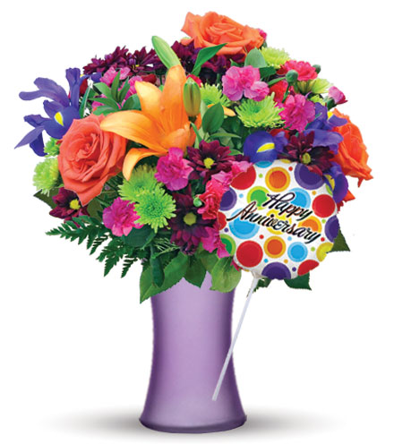 Vibrant Garden with Purple Vase & Anniversary Balloon Flower Delivery